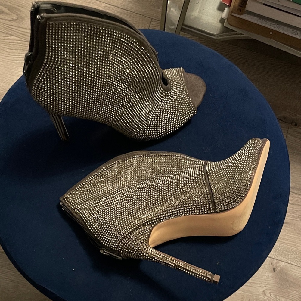 Embellished Rhinestone Peep-Toe Ankle Booties — - Picture 7 of 16